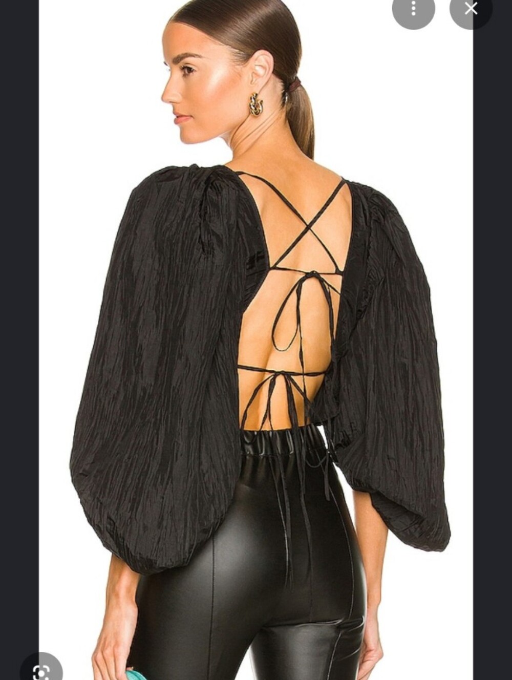 LPA Bellini Top Open Back Puffed Sleeve Crinkle Fabric